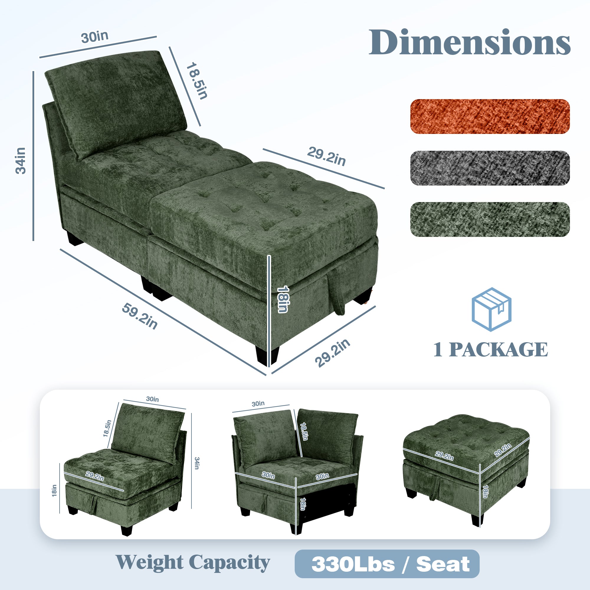 Green upholstered chair with dimensions and color options on a white background