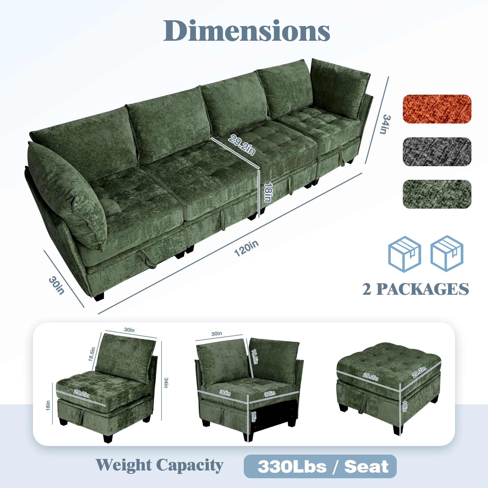 Green sectional sofa with dimensions and weight capacity information on a white background