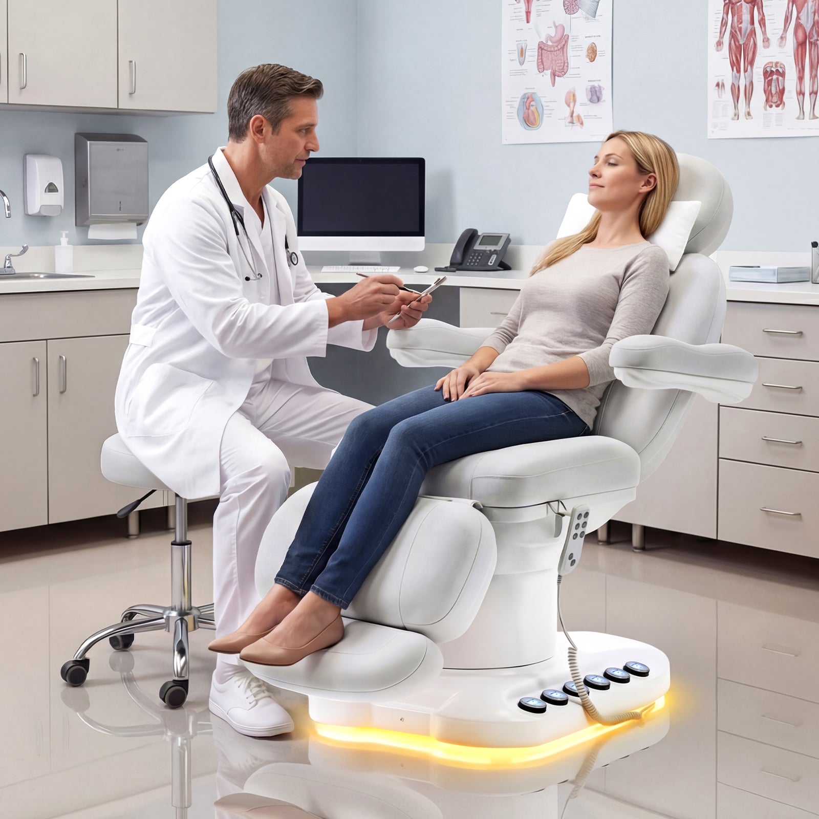 Doctor examining a patient in a modern medical office.