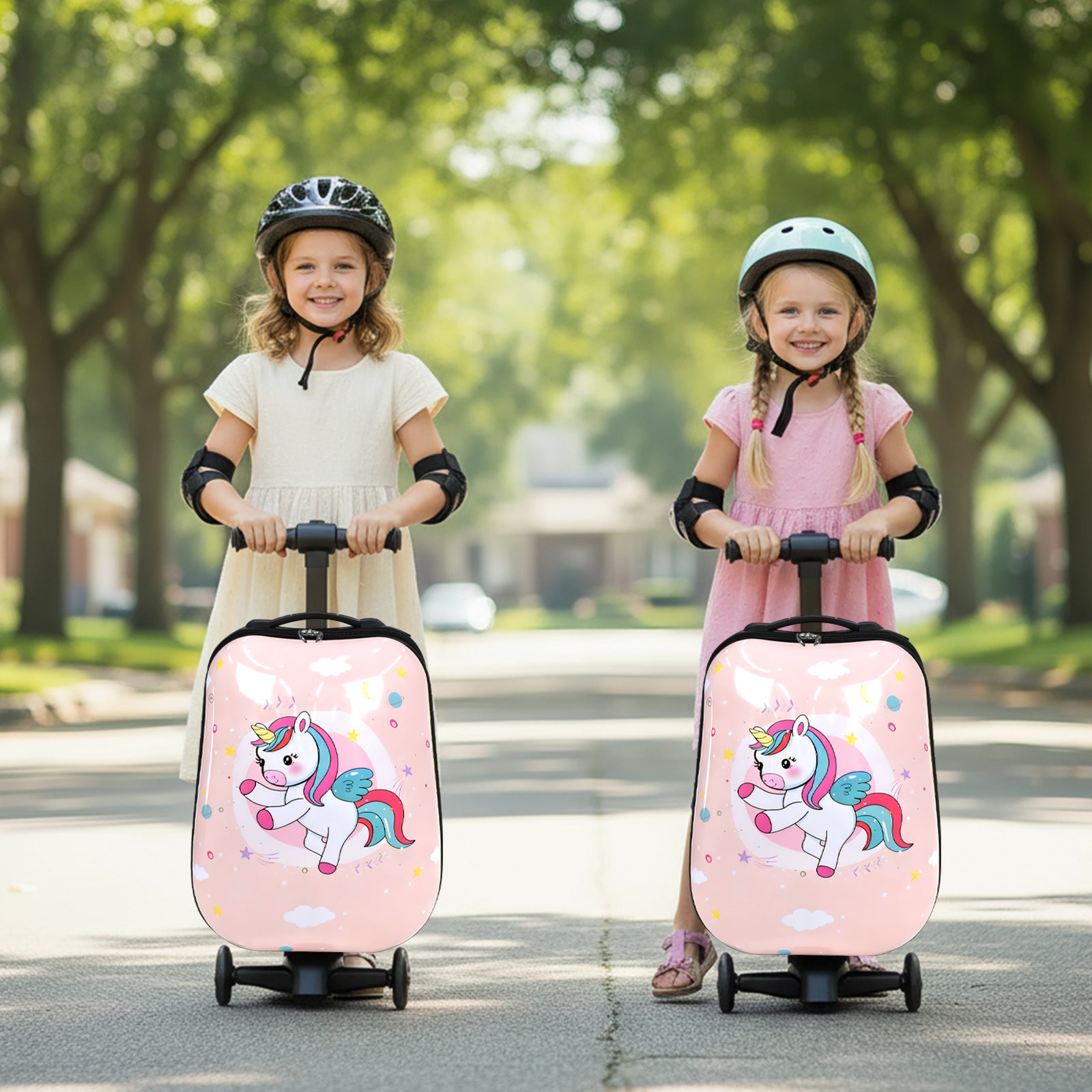 Two children with pink suitcases featuring unicorn designs outdoors.