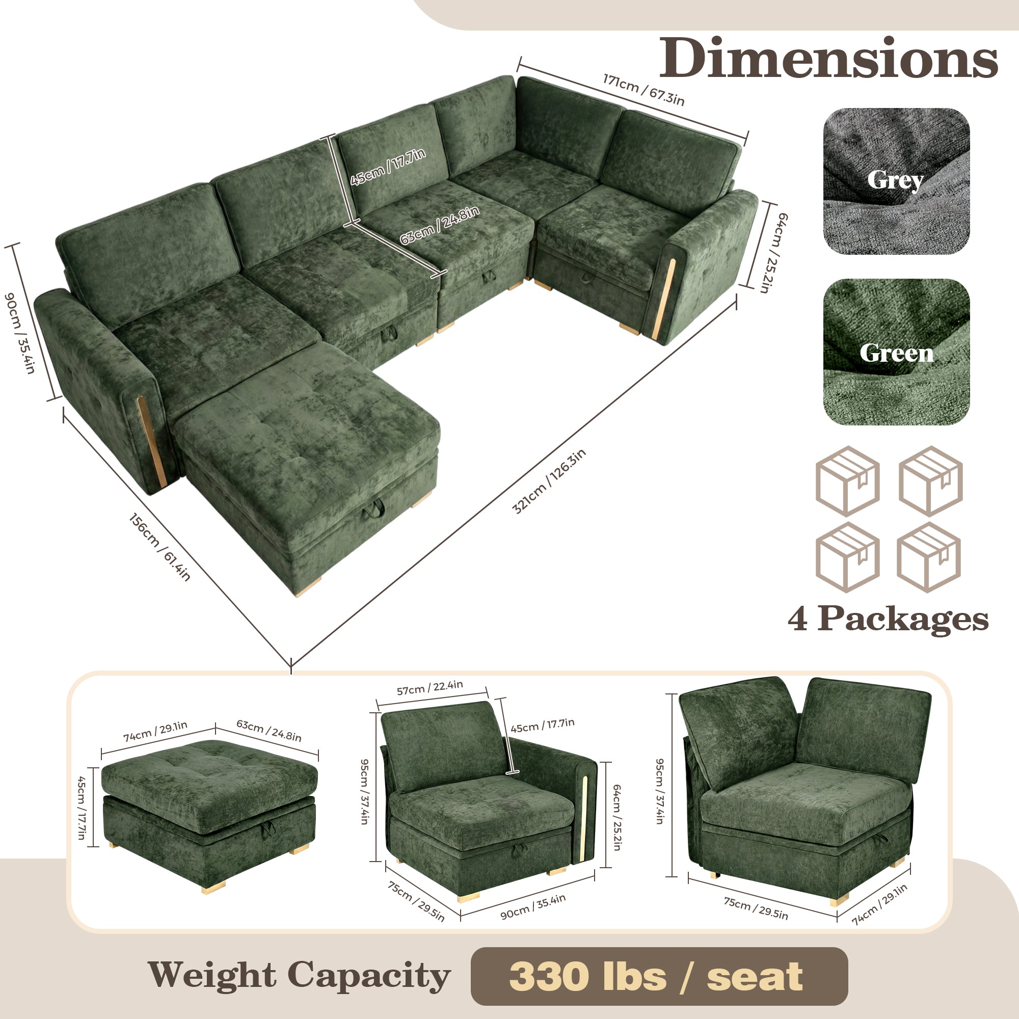 Advwin Oversized Modular Chenille Sofa with Storage