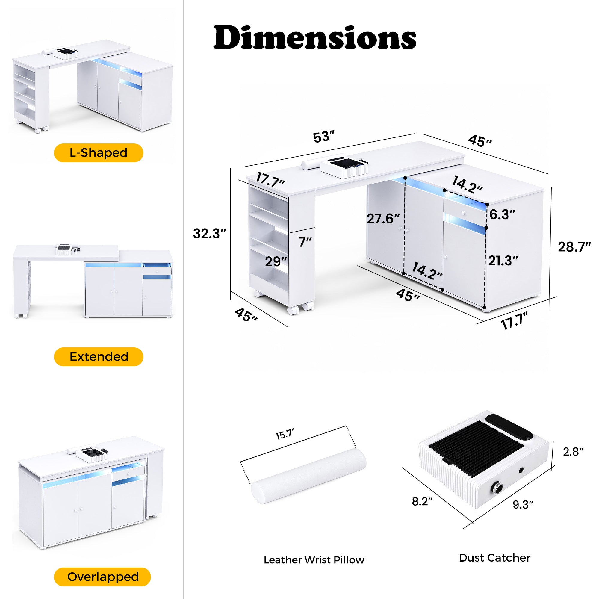Advwin Rotating & Convertible Nail Table with LED Light