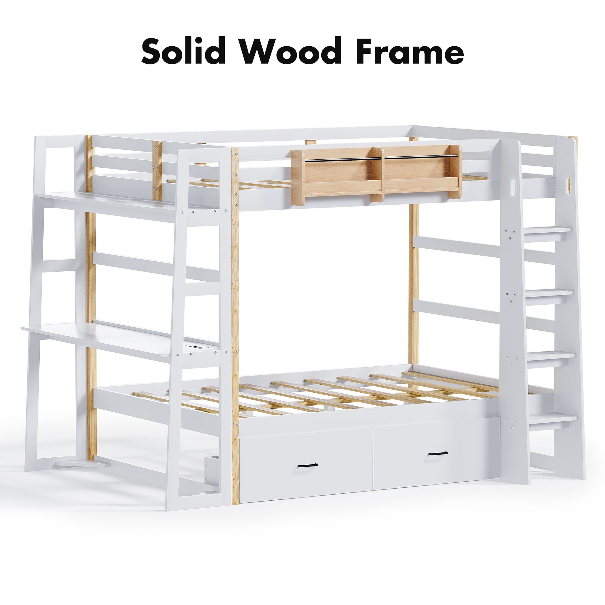 Advwin Solid Wood Bunk Bed with Desk & LED Lights