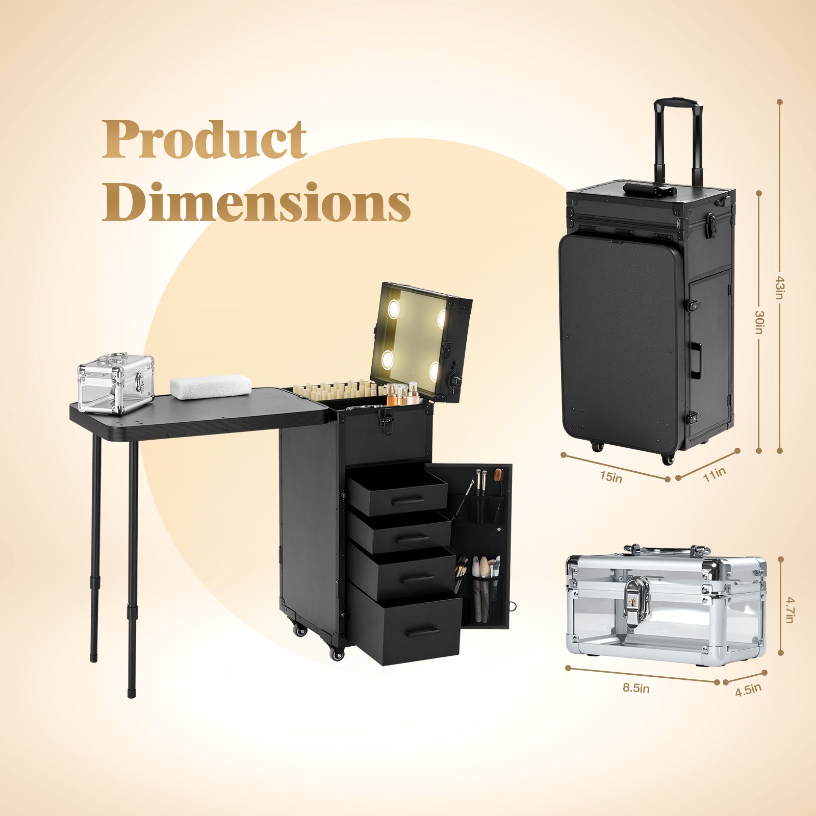 Advwin Foldable Manicure Table LED Mirror 4 Drawers