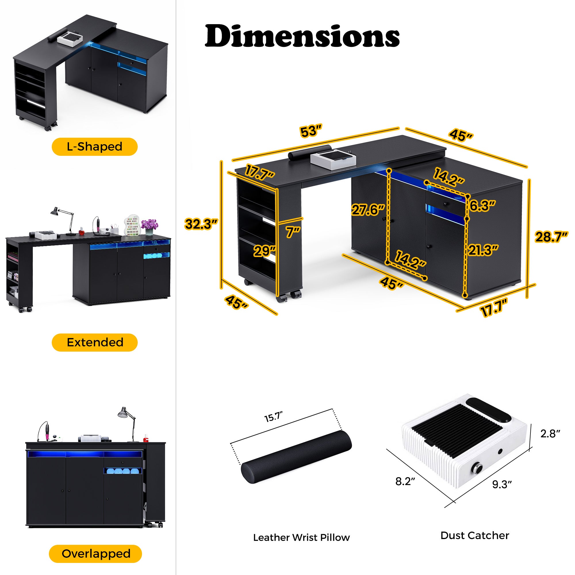 Advwin Rotating & Convertible Nail Table with LED Light