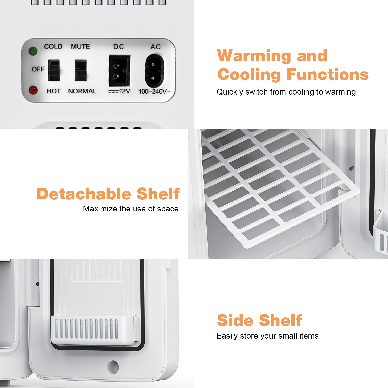 Product with warming and cooling functions, detachable and side shelves on a white background.