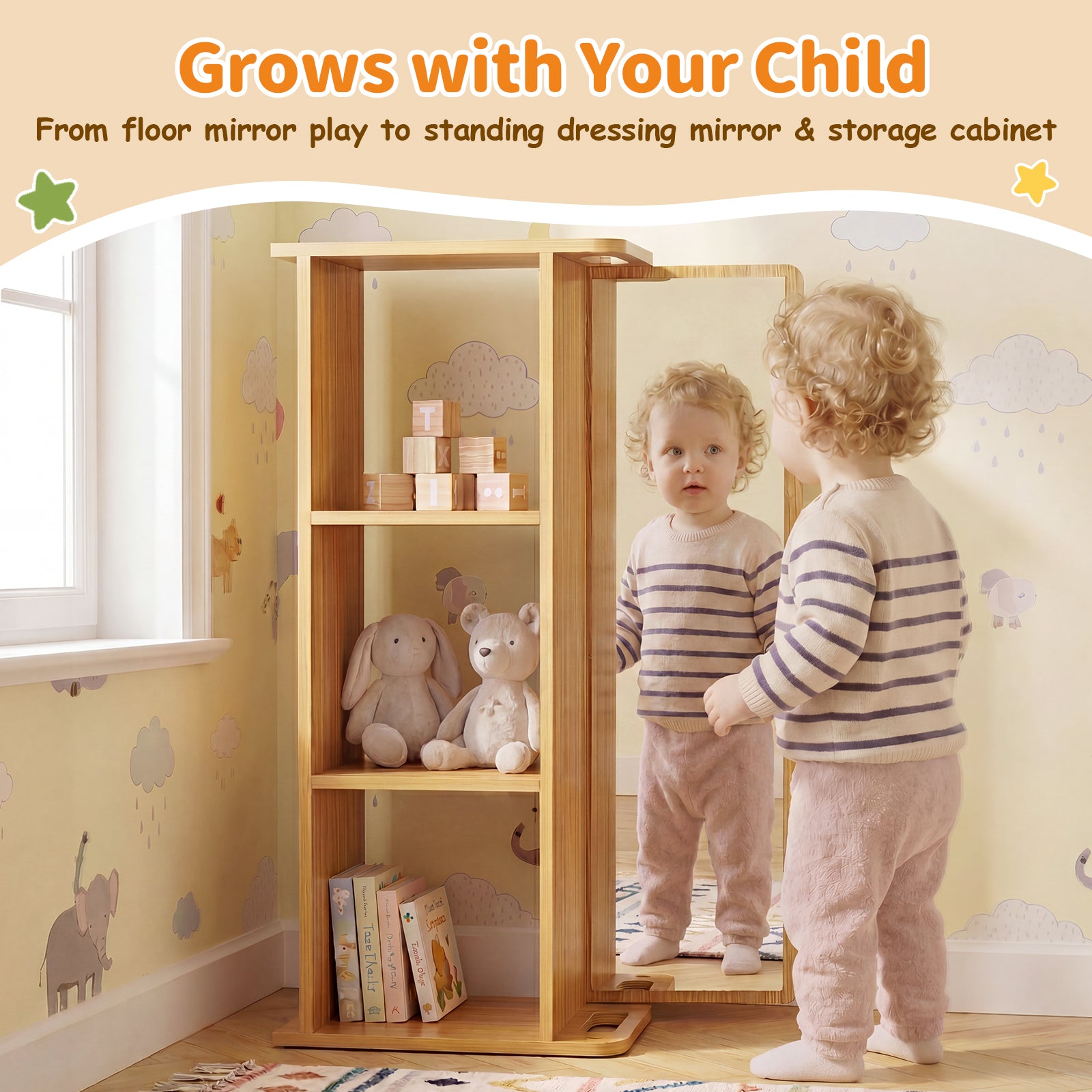 Advwin Montessori Toy Storage Cabinet with Mirror