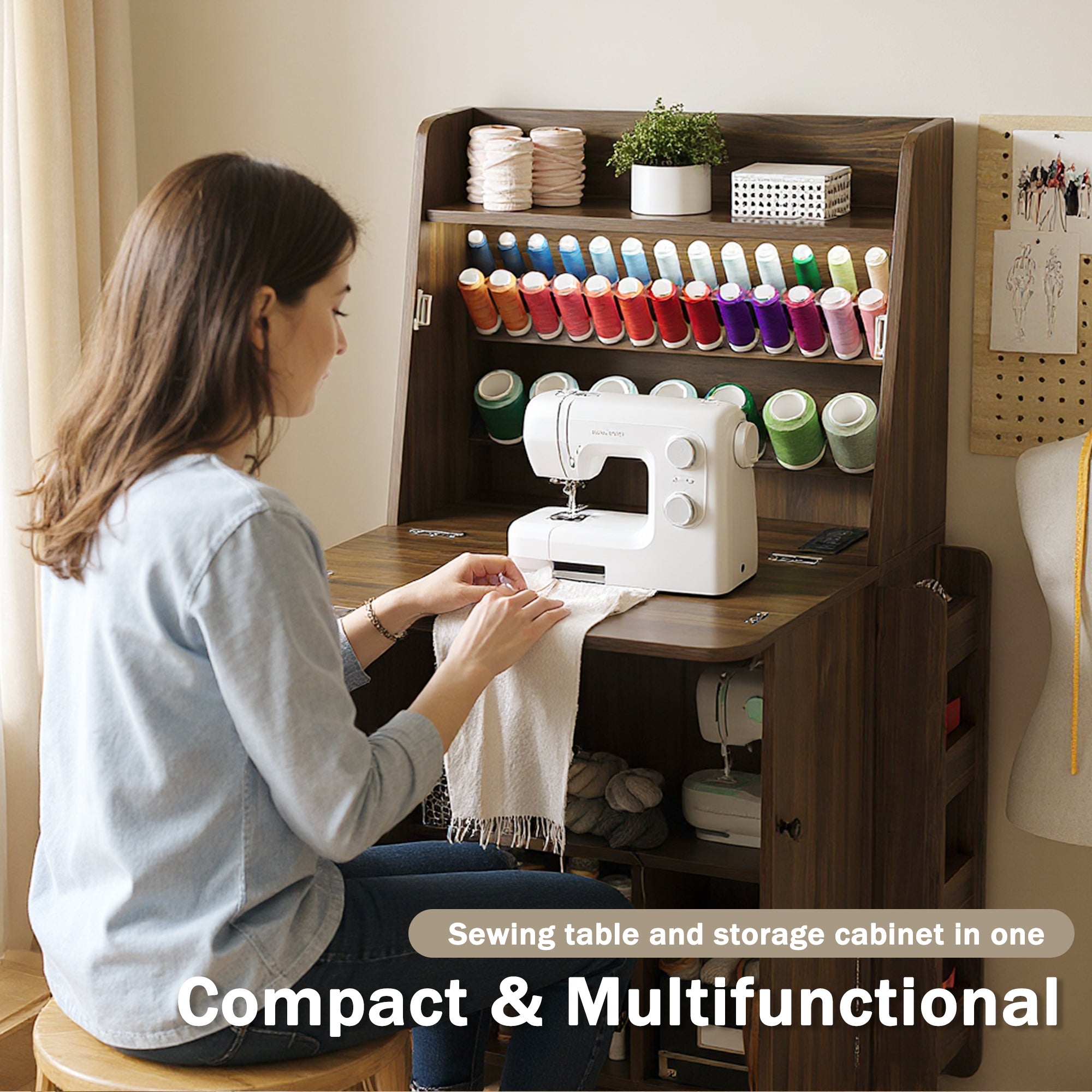 Woman using a sewing machine in a compact sewing room with storage cabinet.