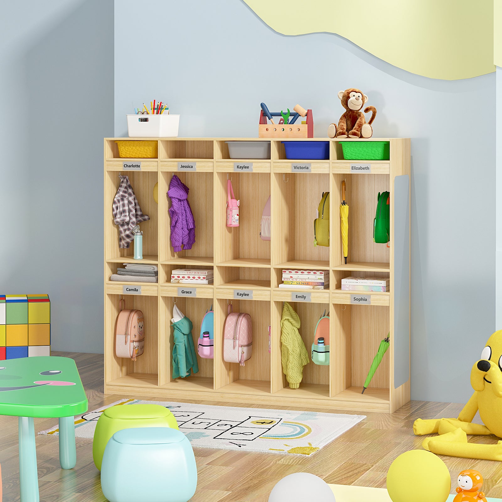 Children's playroom with wooden locker, toys, and colorful furniture.