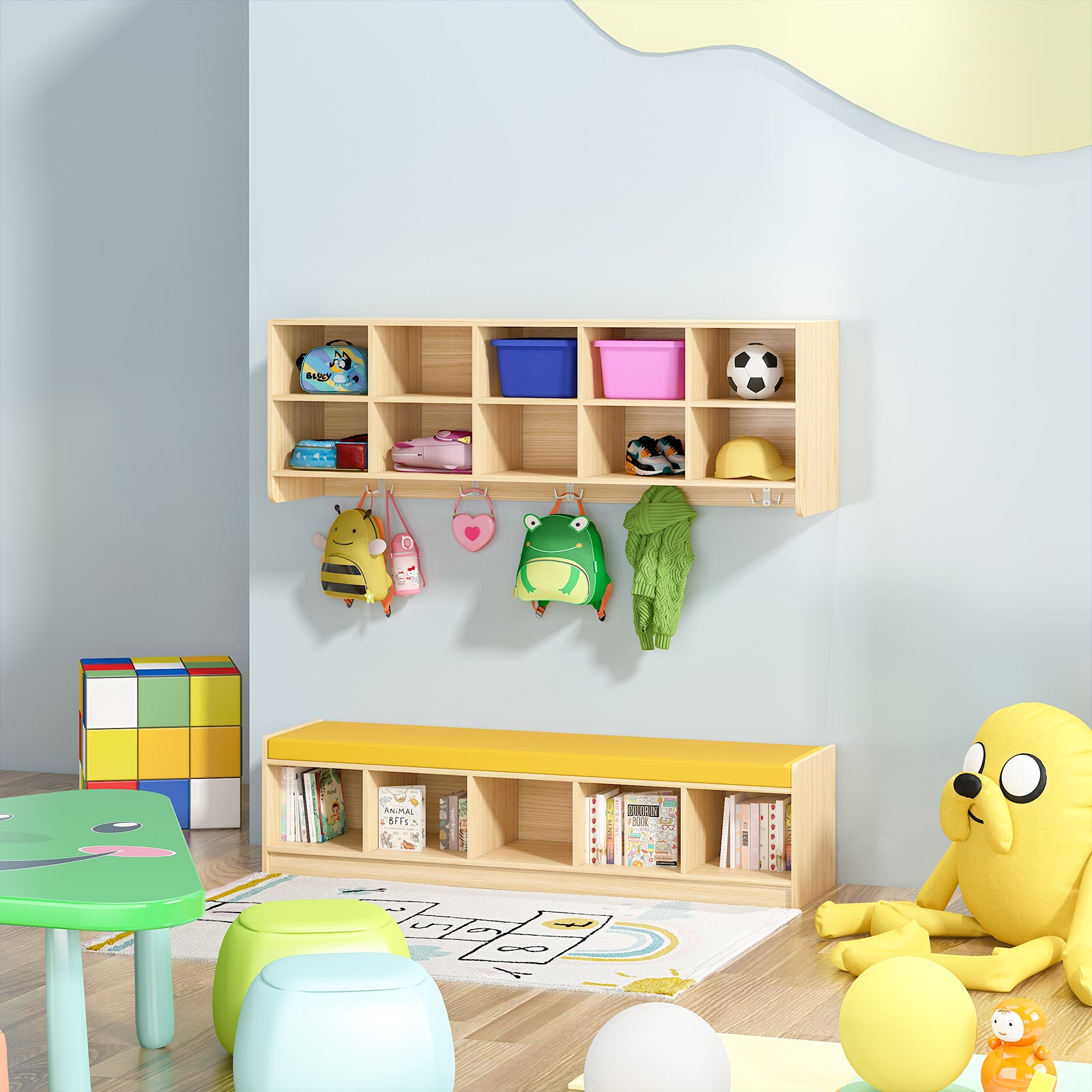 Advwin 10-Section Wall Cubbies w/Hooks & Bench