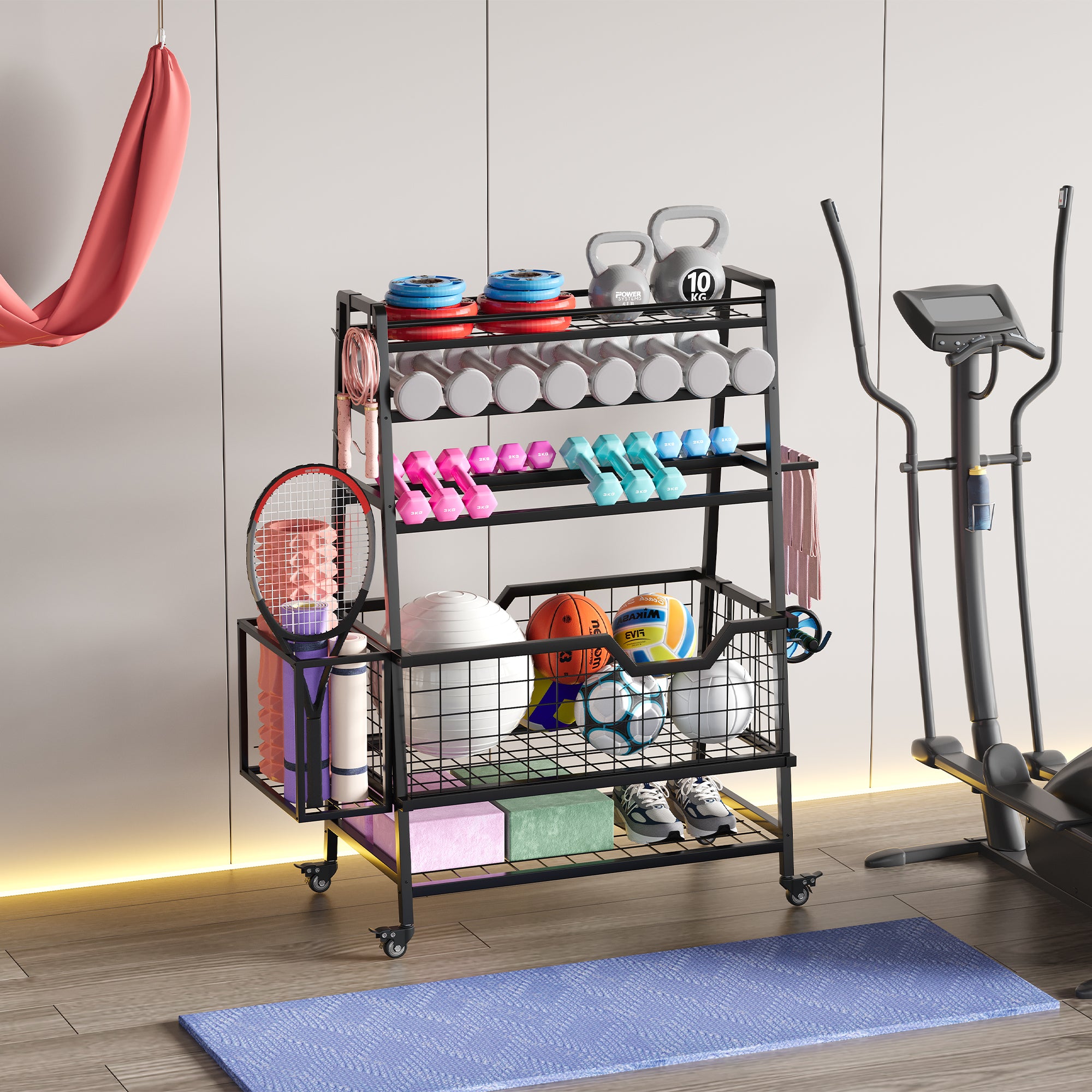 Multifunctional exercise cart with fitness equipment in a home gym setting