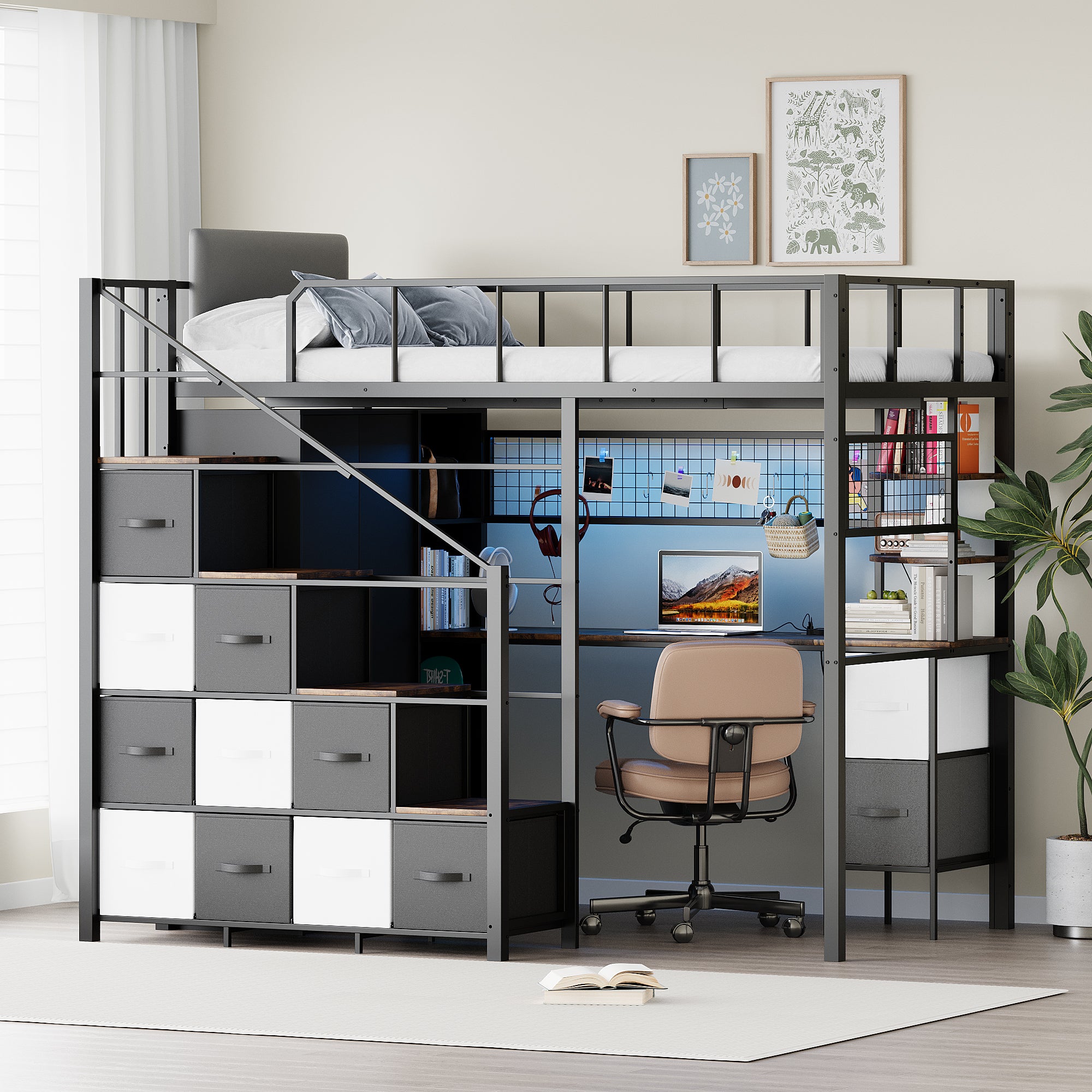 Advwin Space-Saving Loft Bed with LED Light & Drawers