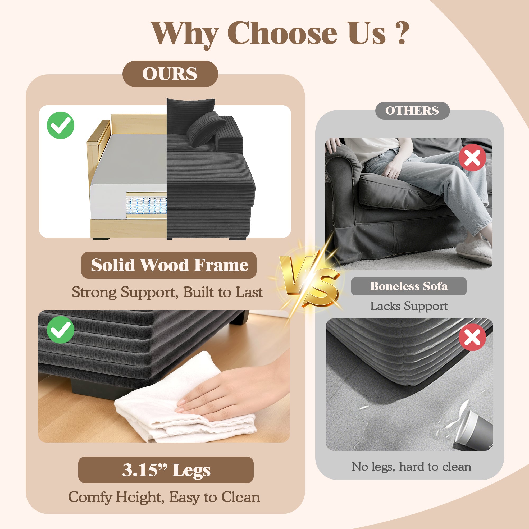 Advwin Chaise Lounge with Storage Ottoman Wide-Rib