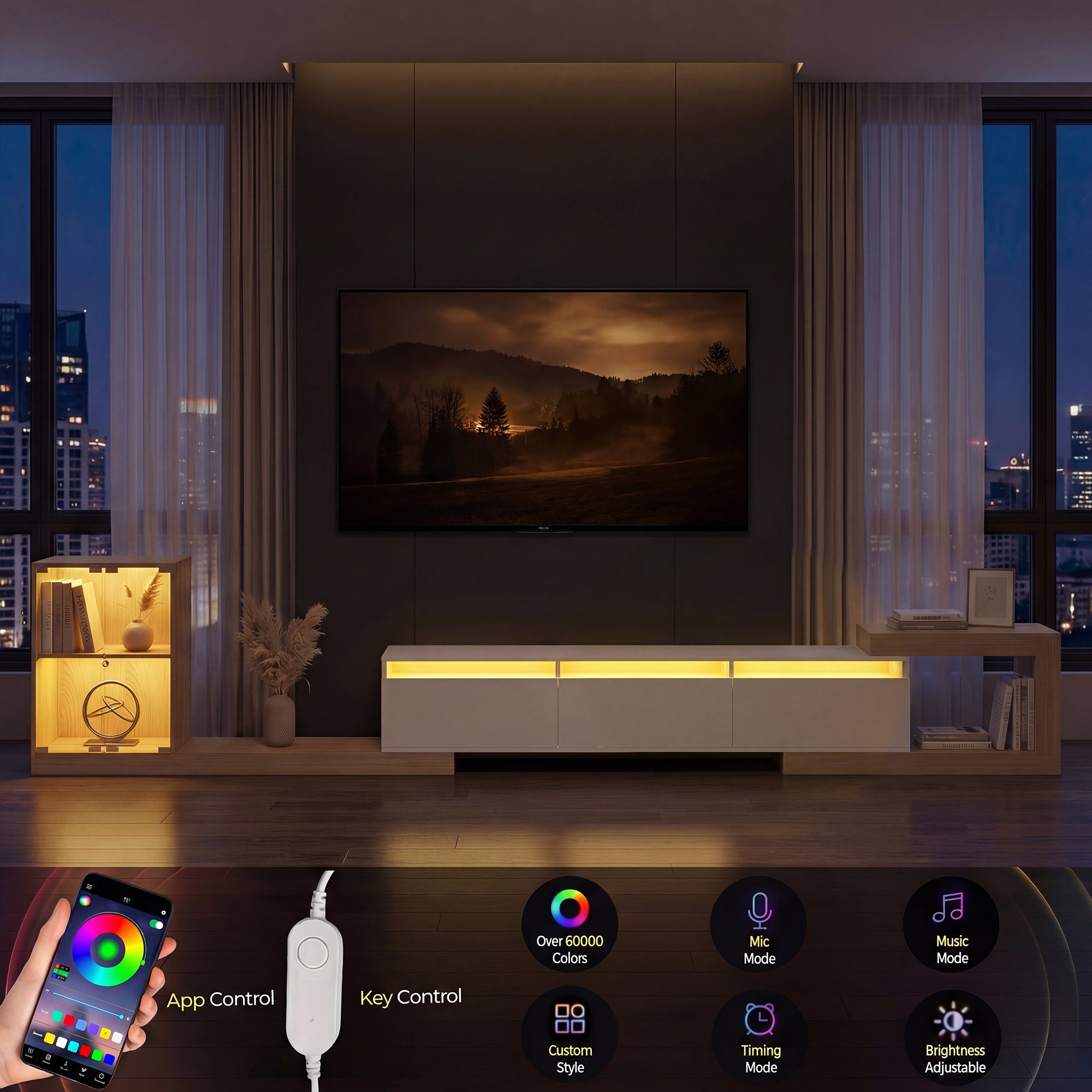 Modern living room with a TV displaying a nature scene, smartphone control app, and lighting control device.