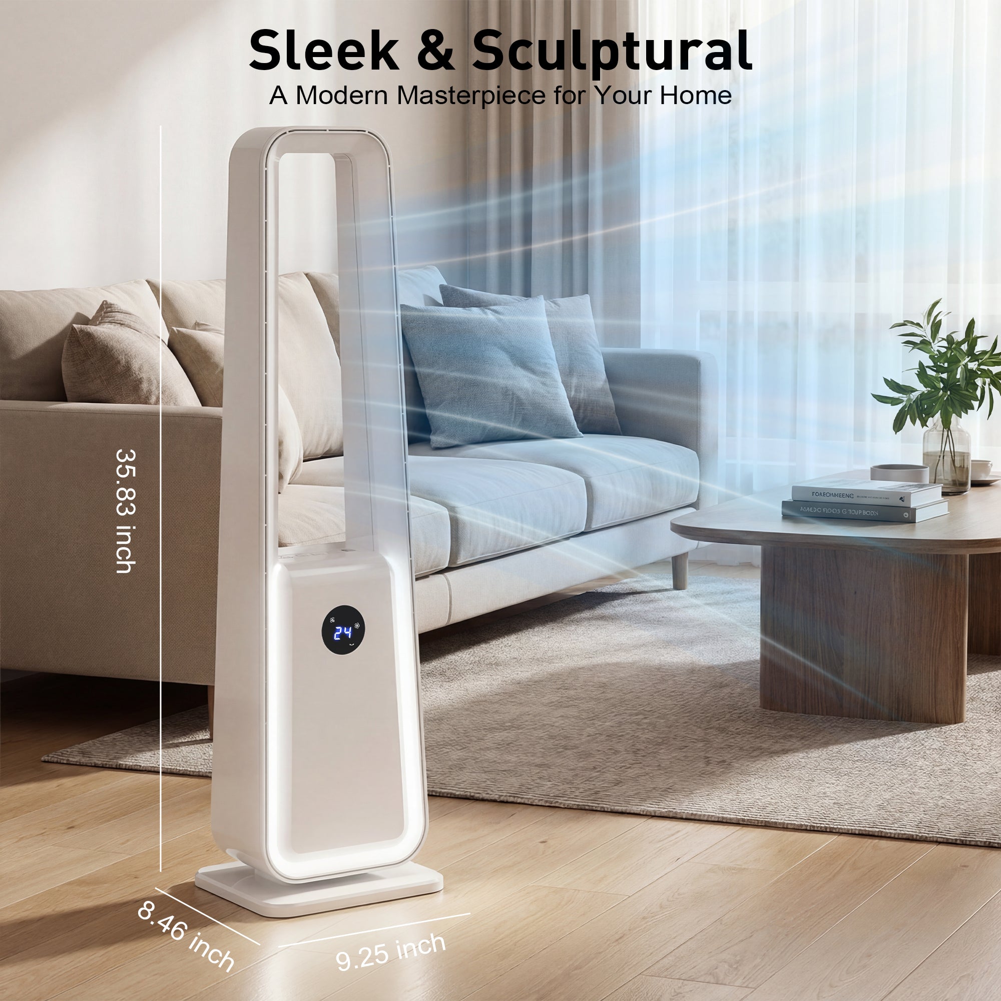 Modern tower fan in a living room setting with dimensions displayed