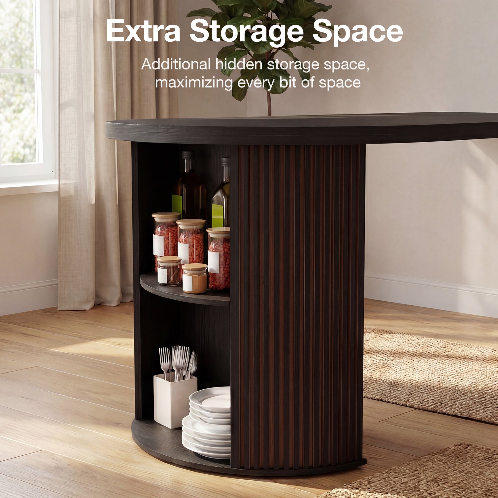 Dark wood round table with hidden storage shelves in a room with a window and rug.