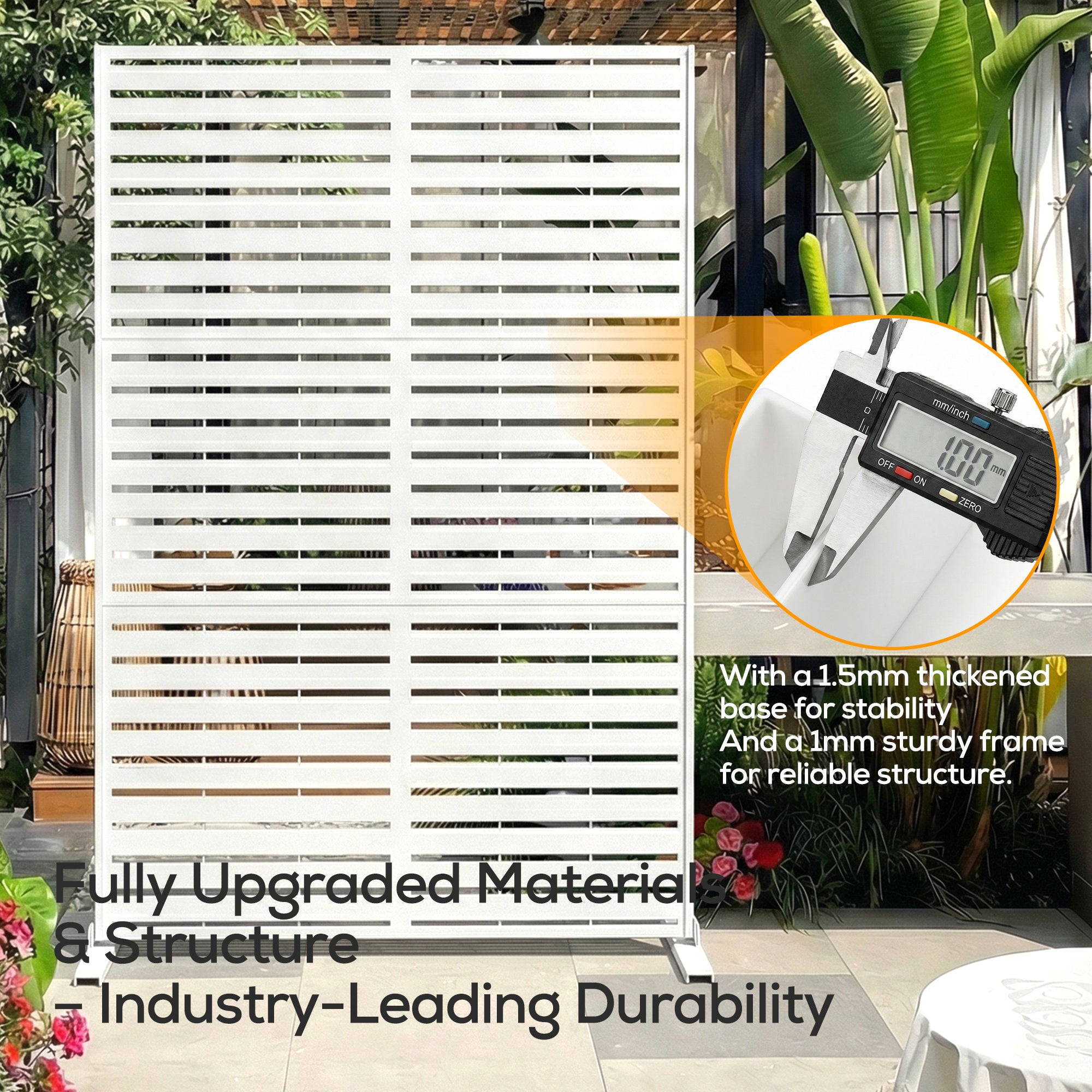 White slatted screen with digital display and measurement tool, set against a garden background.