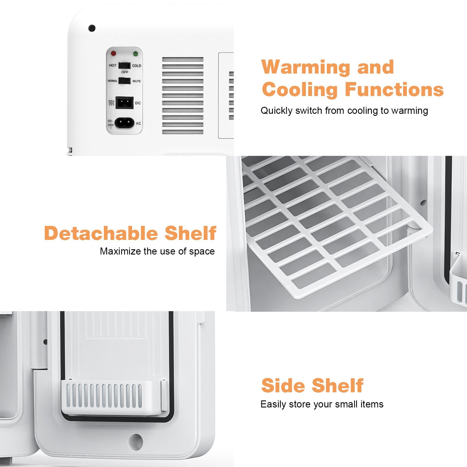 White appliance with text highlighting warming and cooling functions, detachable shelf, and side shelf.