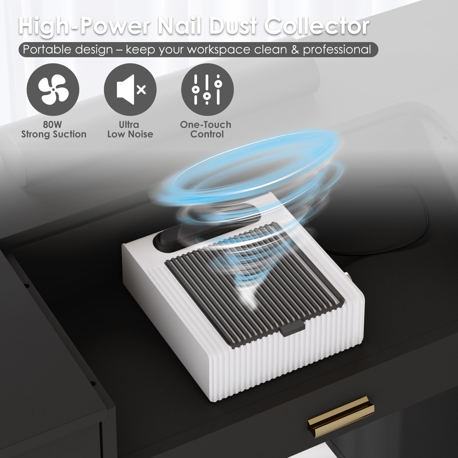 High-power nail dust collector with features highlighted on a dark surface
