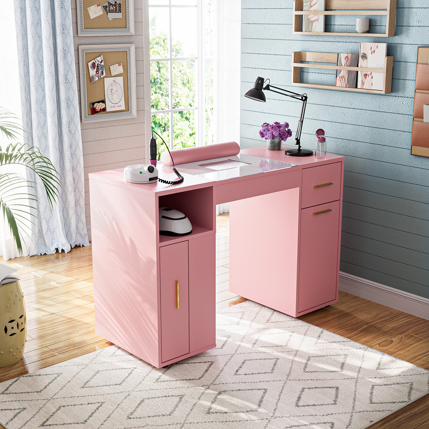 Advwin glass top manicure table pink