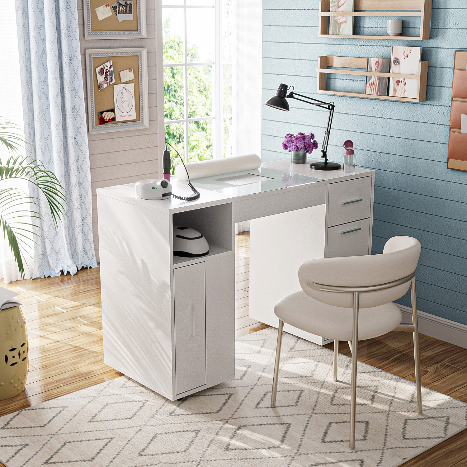 Advwin white glass top manicure table