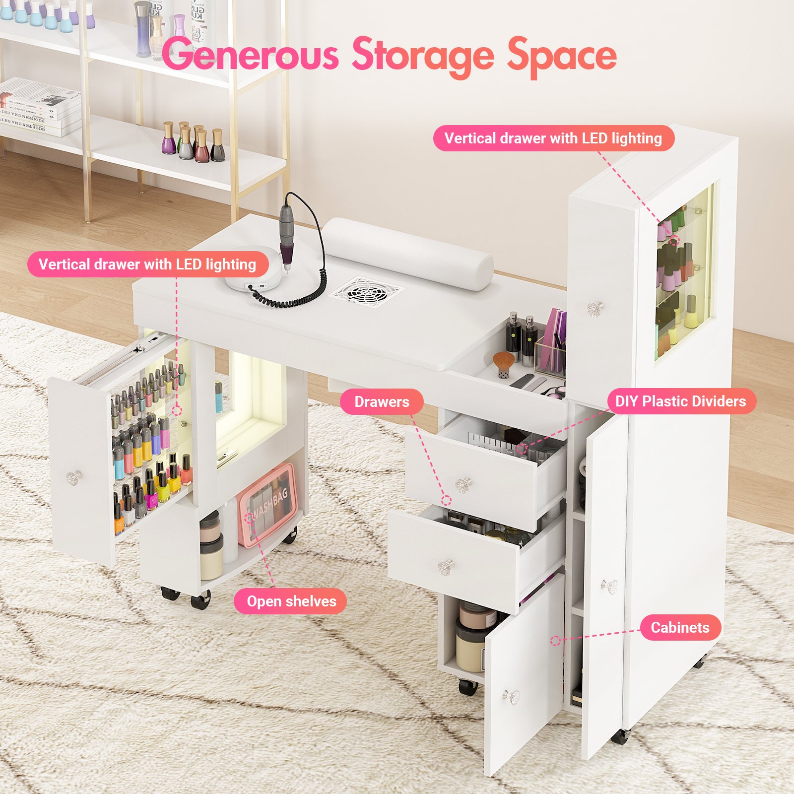 Advwin Manicure Table w/ LED Light Display Cabinet