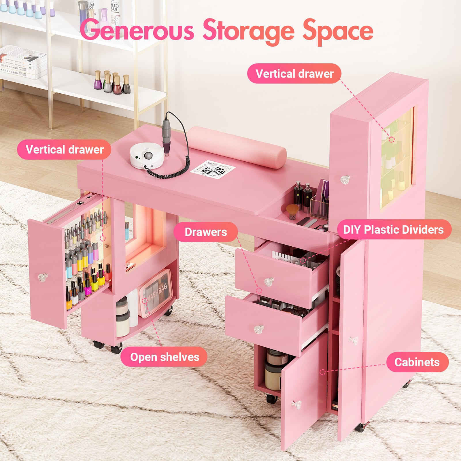 Advwin Manicure Table w/ LED Light Display Cabinet