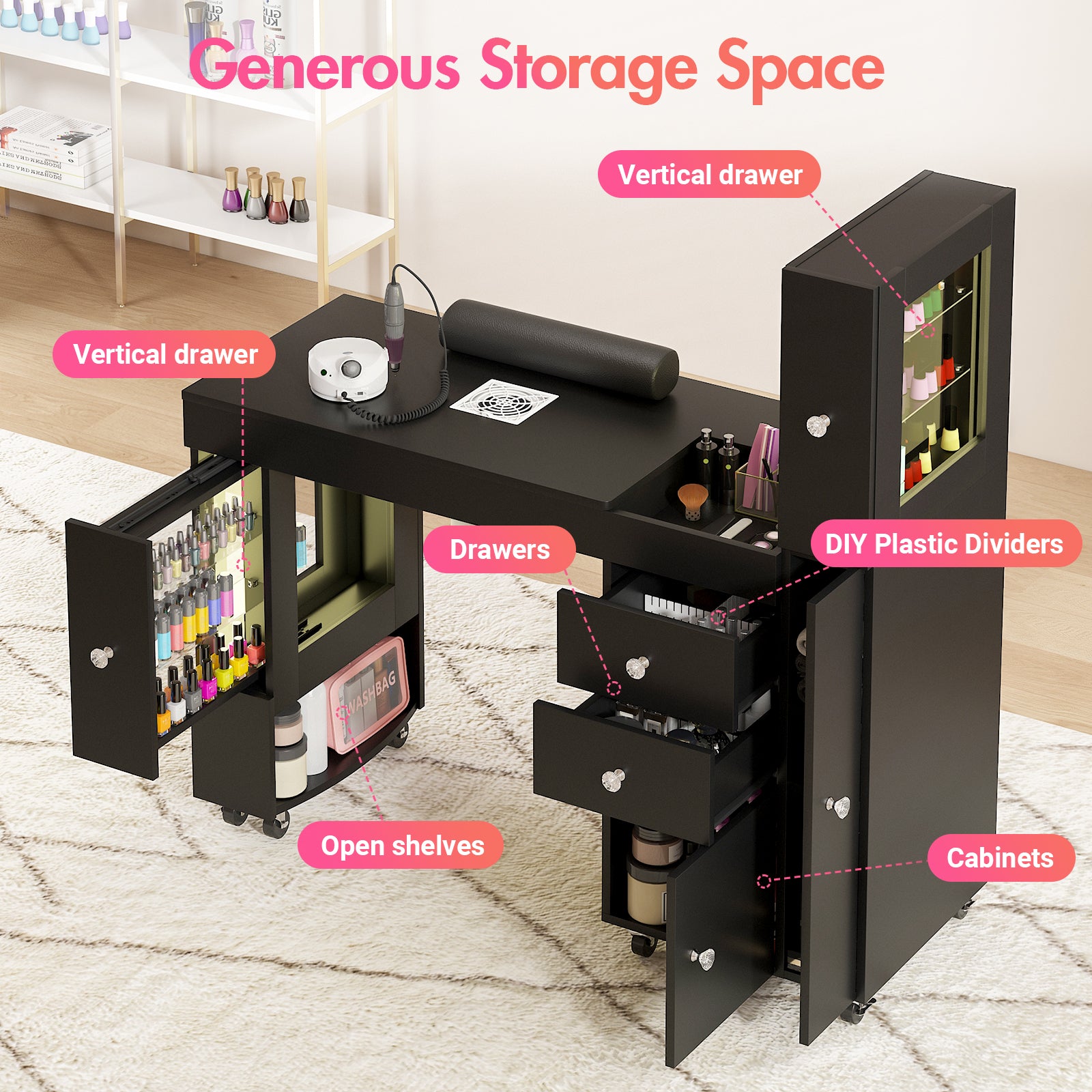 Advwin Manicure Table w/ LED Light Display Cabinet