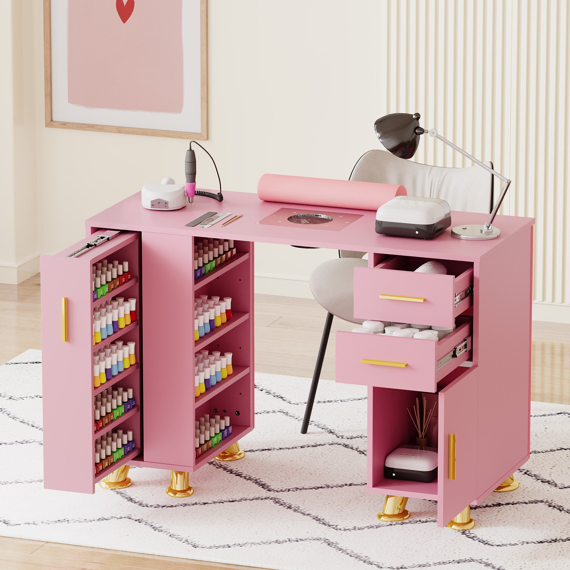 Advwin Manicure Table w/Dust Collector & Wrist Rest Pink