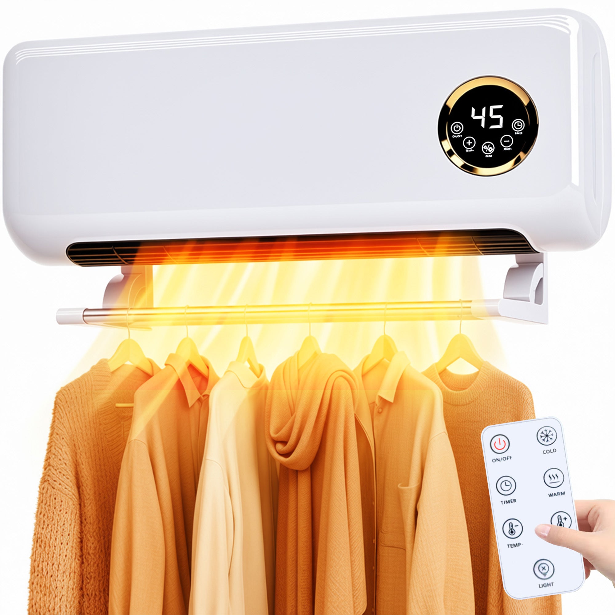 Clothing dryer with digital display and remote control, emitting heat to dry clothes.