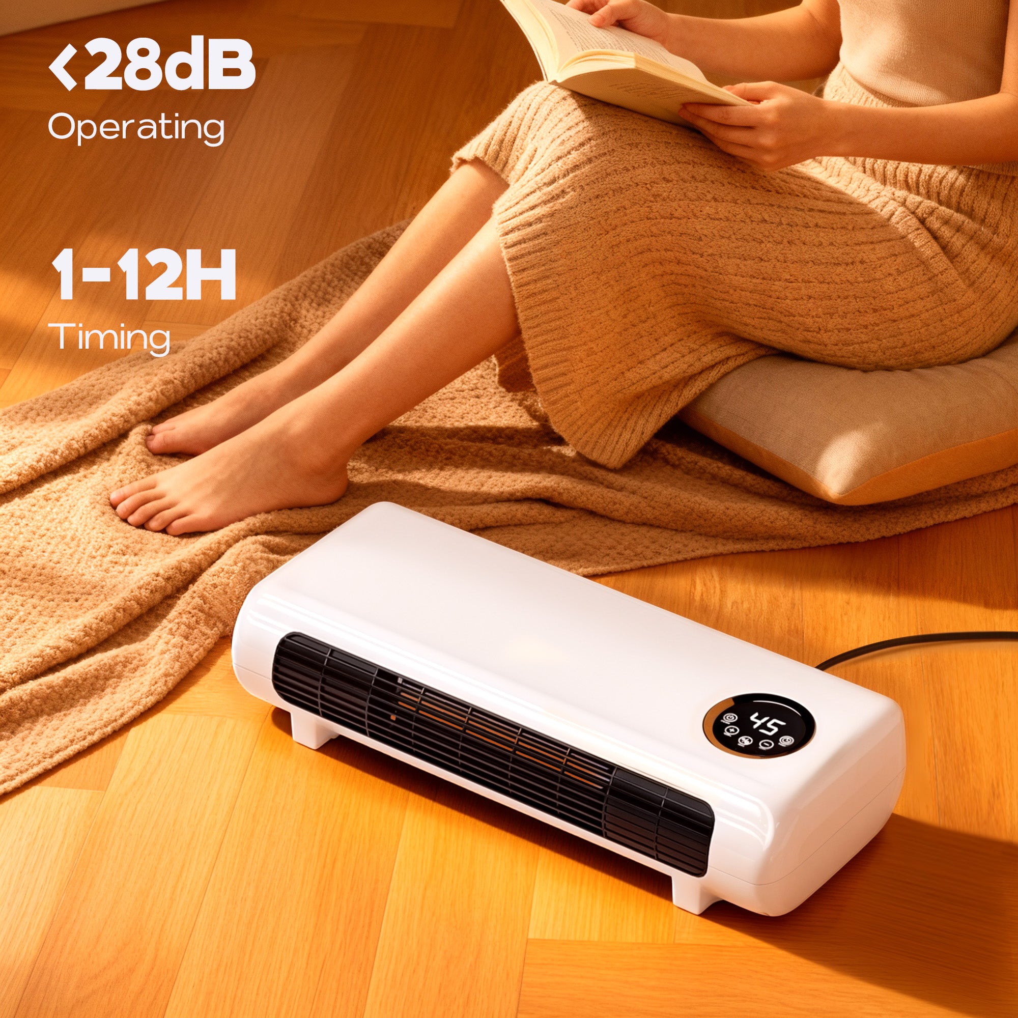 Person reading a book with a white space heater on a wooden floor, featuring 28dB branding.