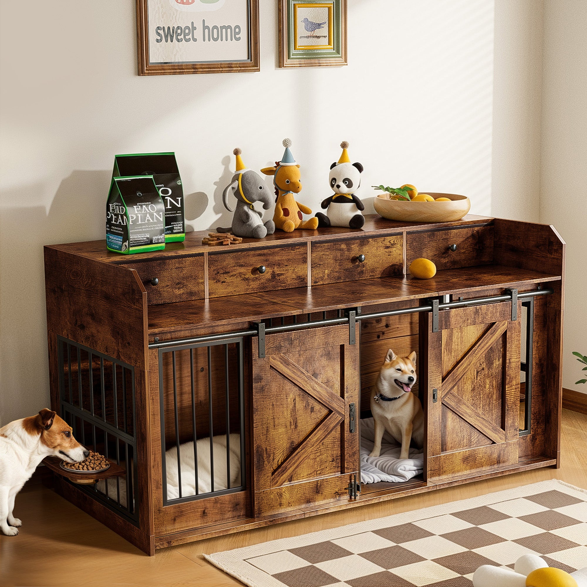 Advwin 63" Double Dog Crate w/Drawers Sliding Doors