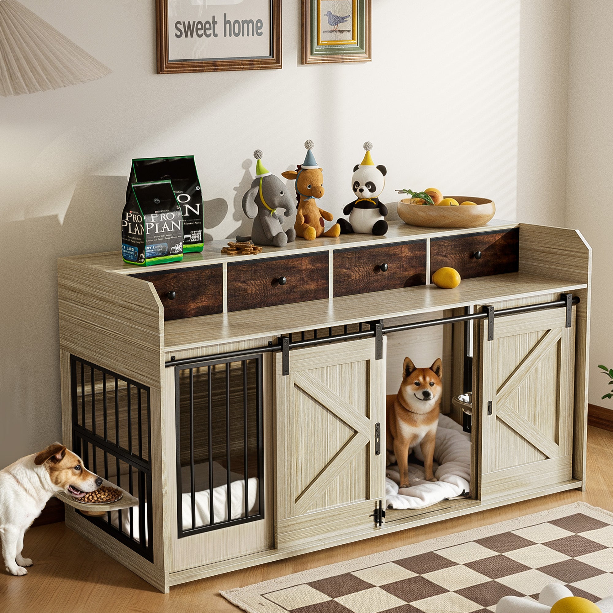 Advwin 63" Double Dog Crate w/Drawers Sliding Doors