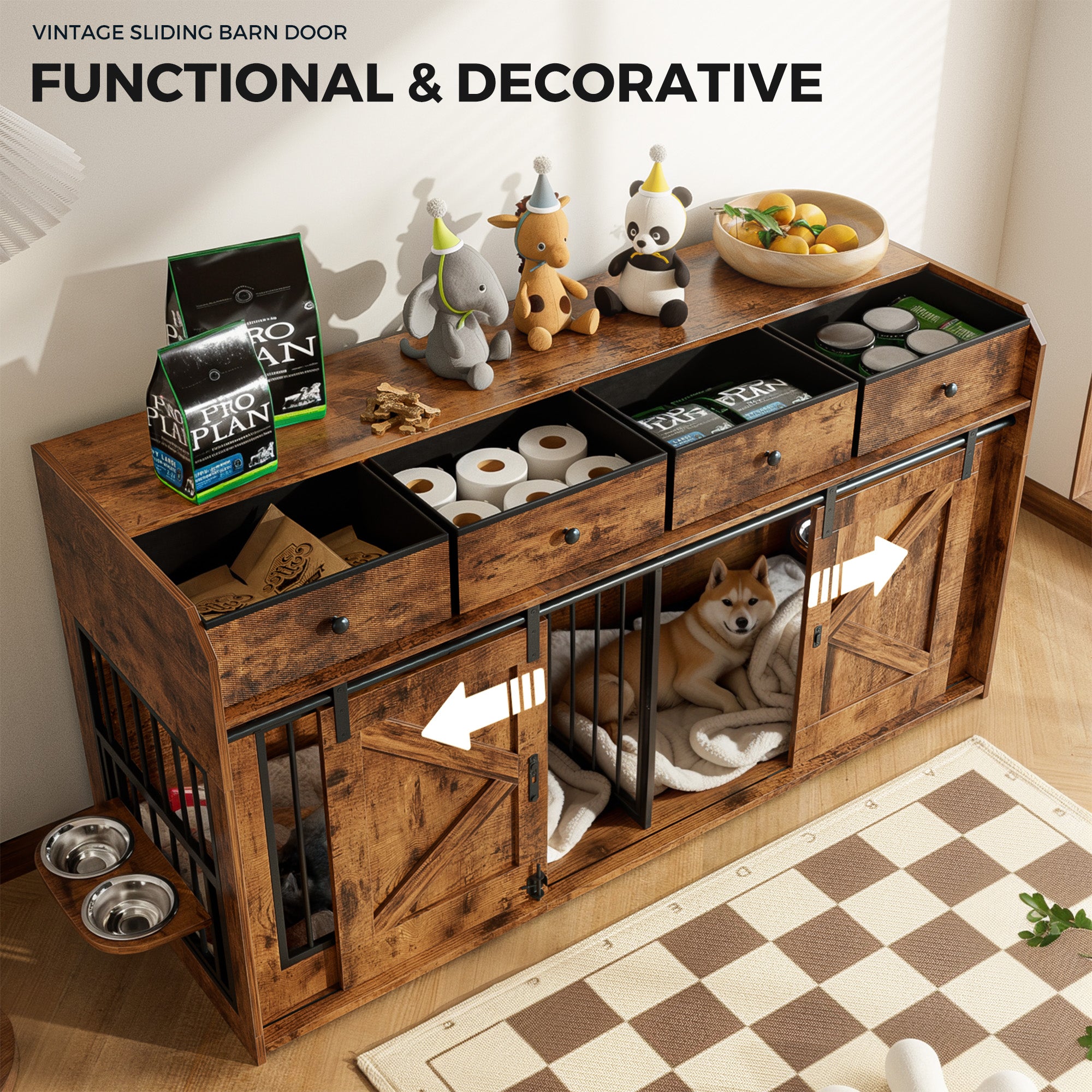 Advwin 63" Double Dog Crate w/Drawers Sliding Doors