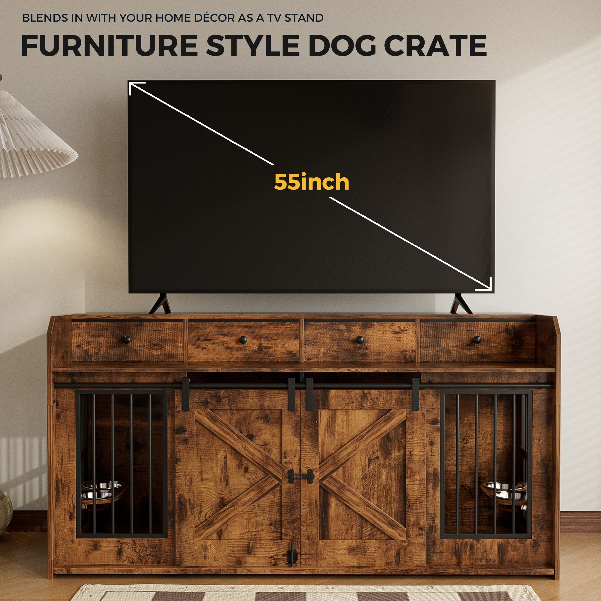 Advwin 63" Double Dog Crate w/Drawers Sliding Doors