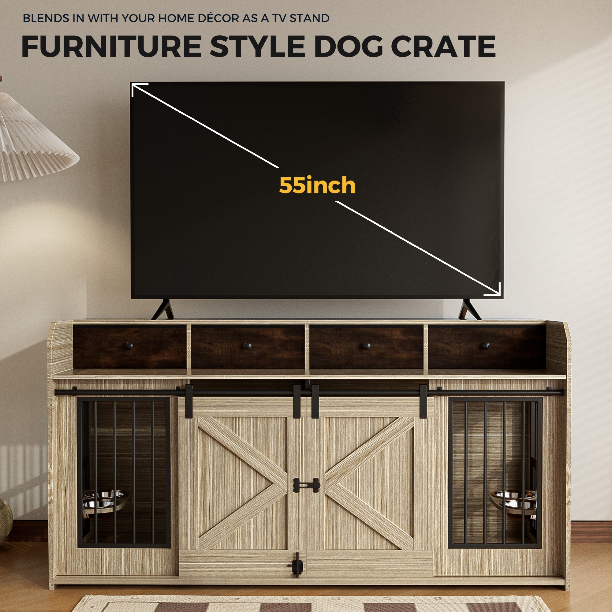 Advwin 63" Double Dog Crate w/Drawers Sliding Doors