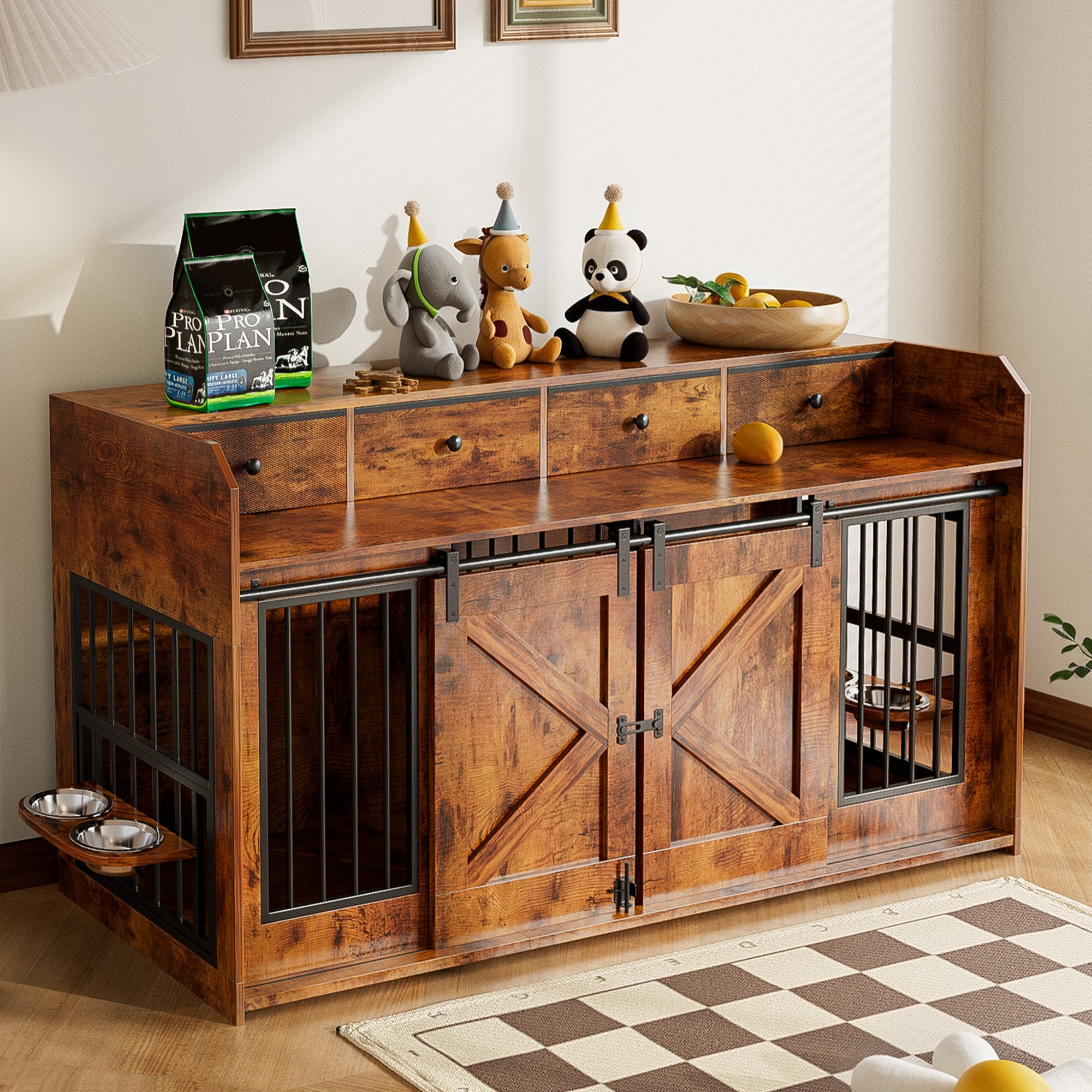 Advwin 63" Double Dog Crate w/Drawers Sliding Doors