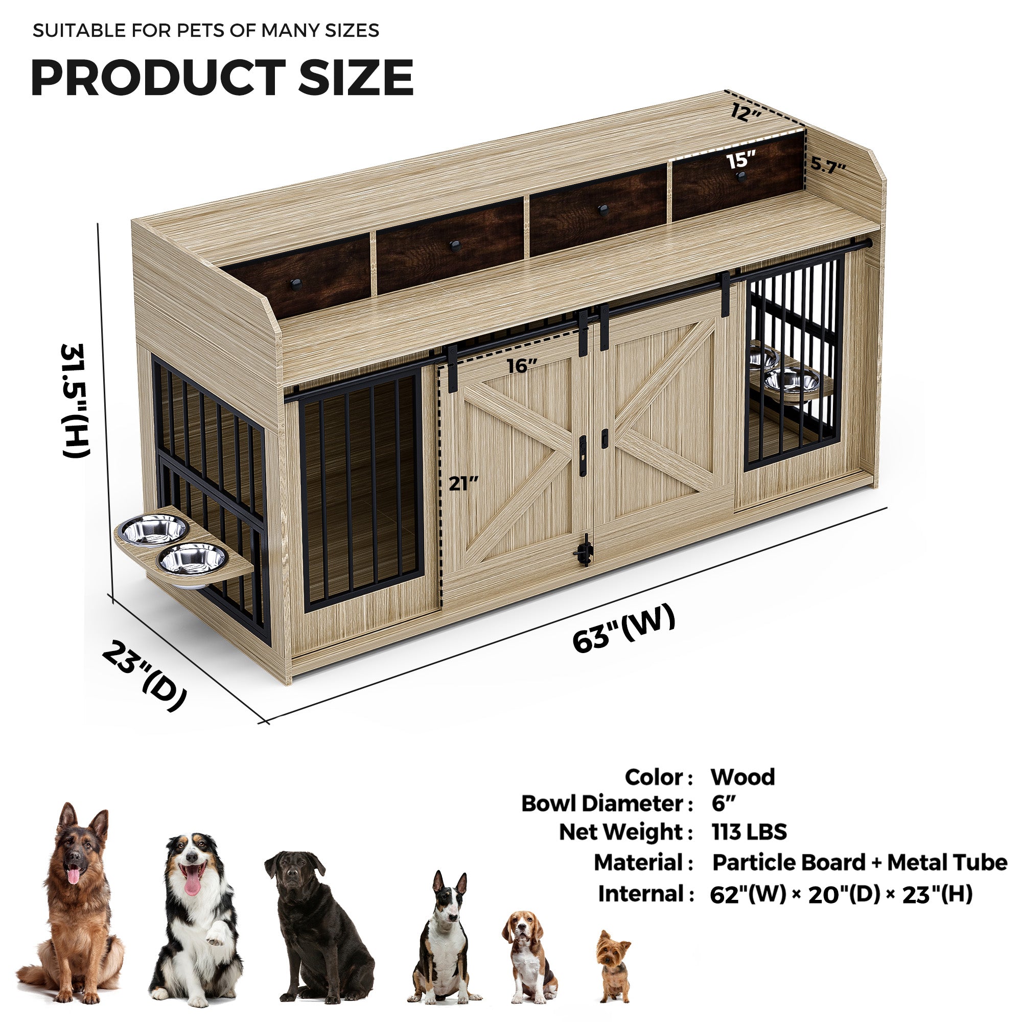 Advwin 63" Double Dog Crate w/Drawers Sliding Doors