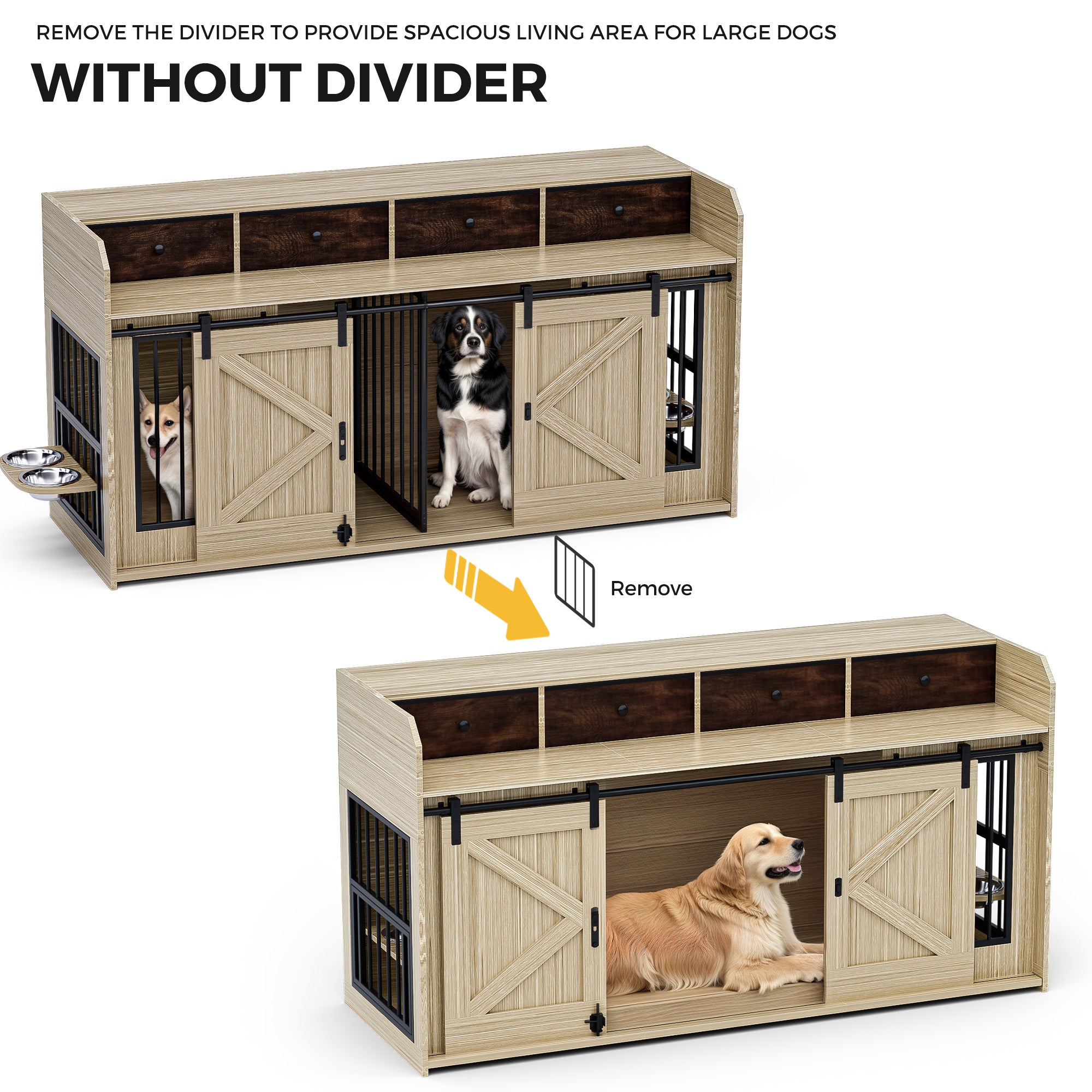 Advwin 63" Double Dog Crate w/Drawers Sliding Doors