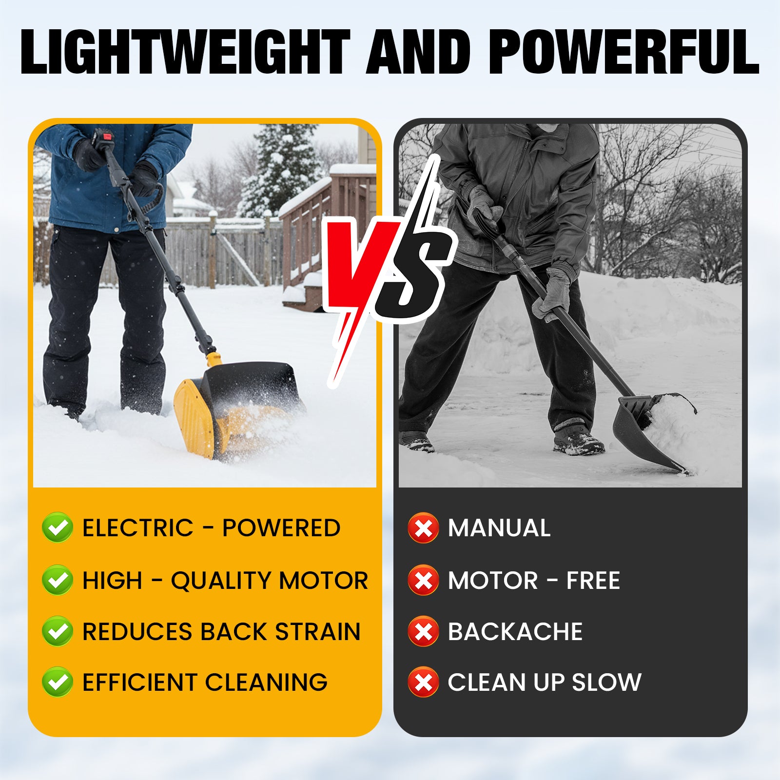 Comparison between electric and manual snow shoveling with text highlighting features and drawbacks.