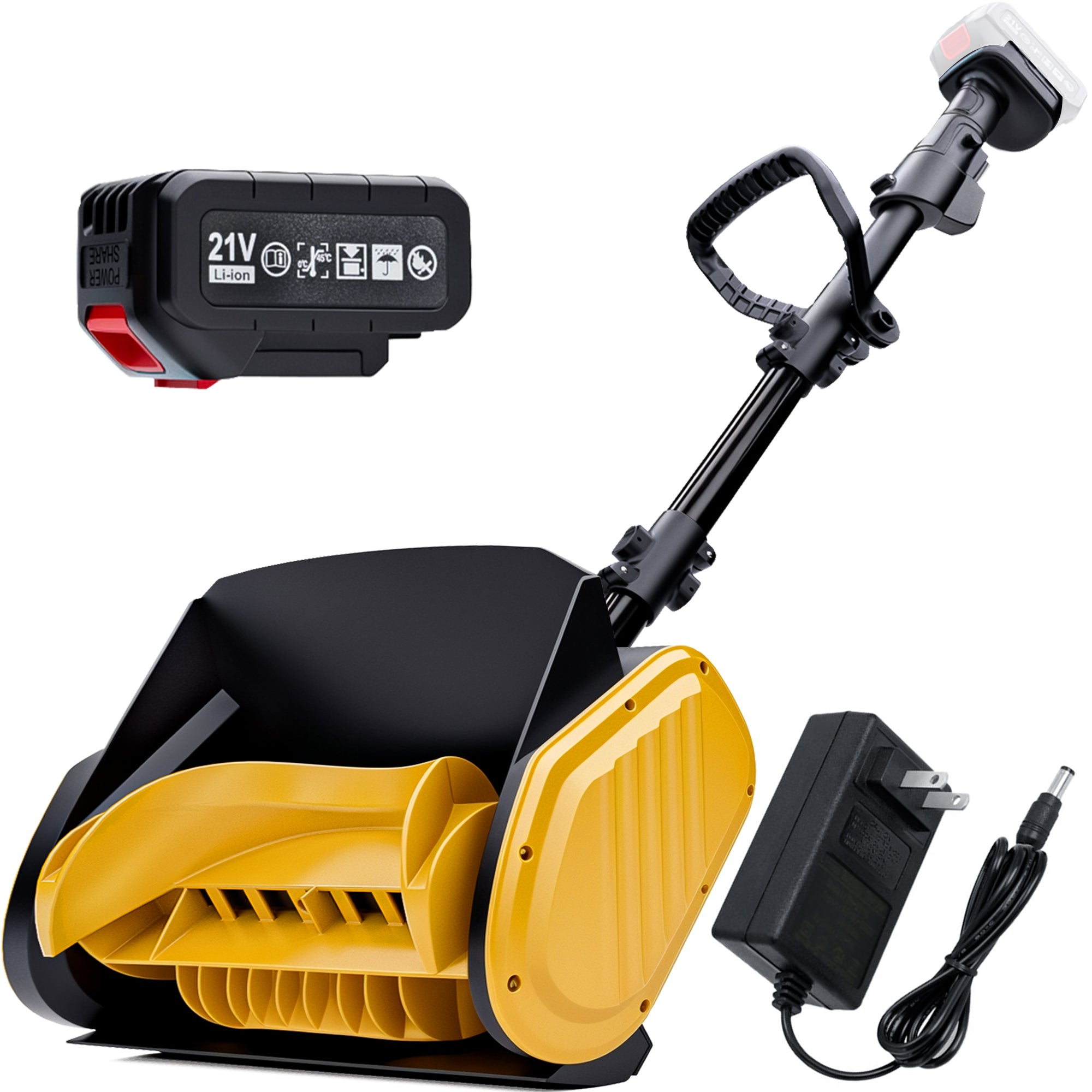 Black and yellow snow blower with battery pack and charger on a white background