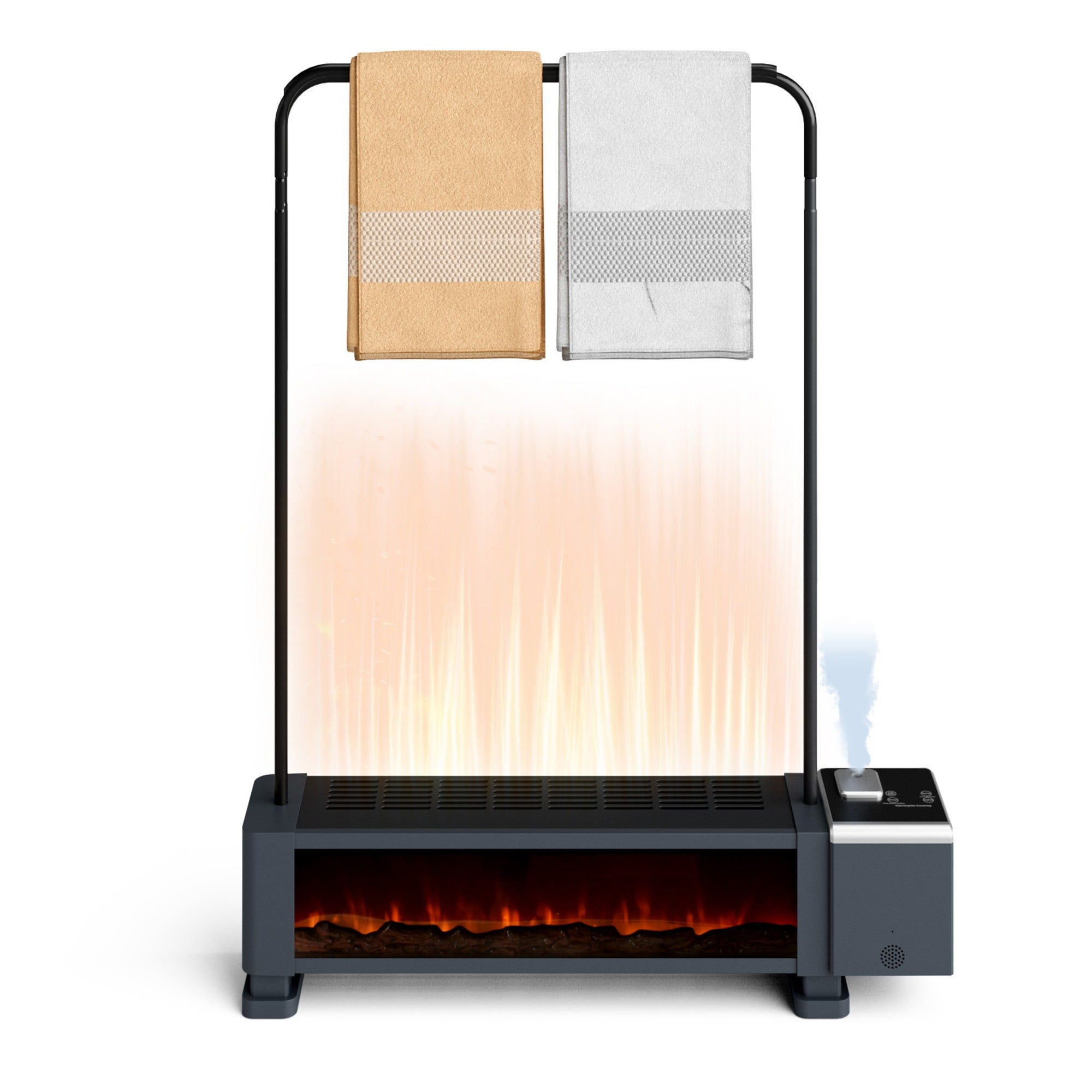 Portable electric fireplace with towel rack on a white background