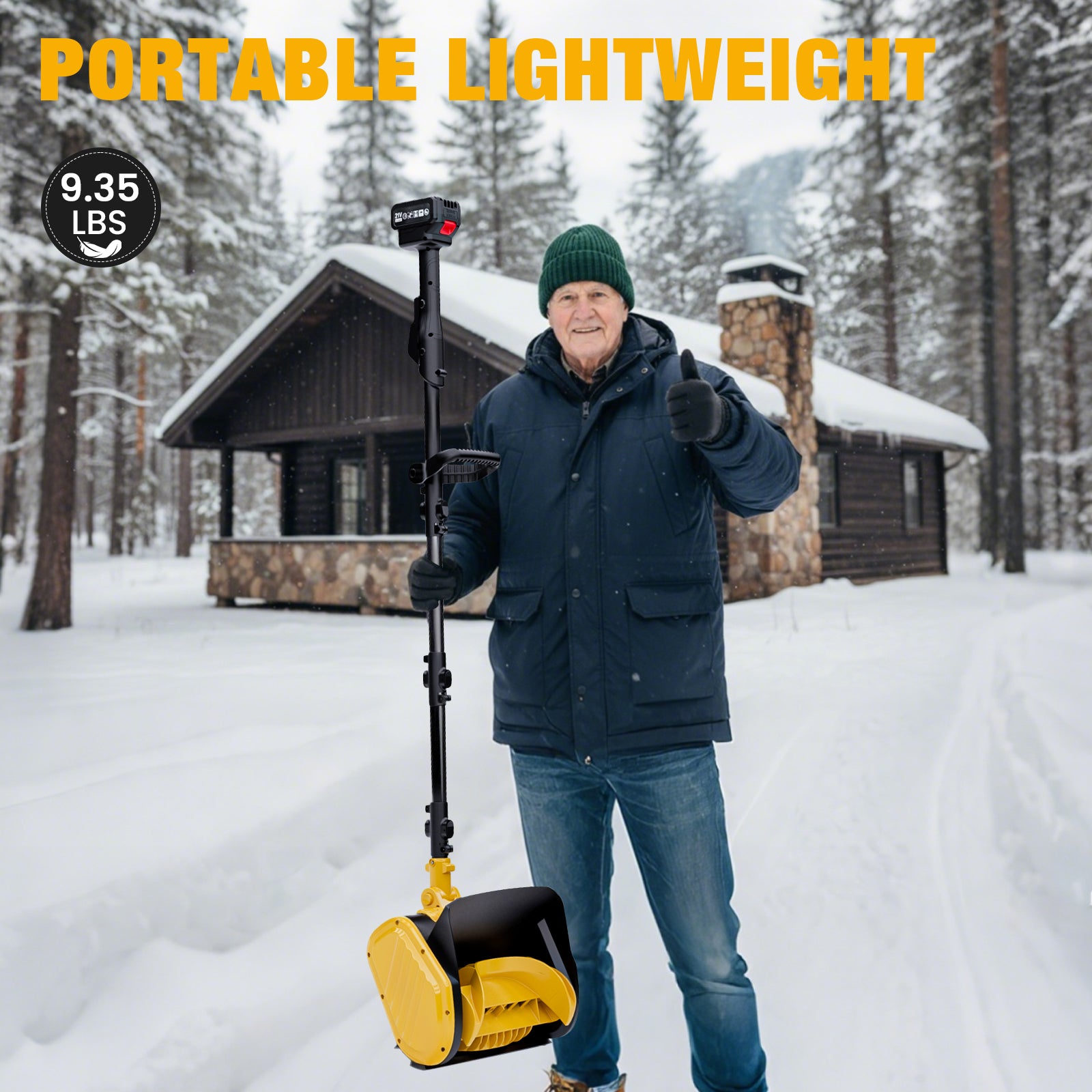Man holding a portable snow shovel in a snowy landscape with a cabin in the background.