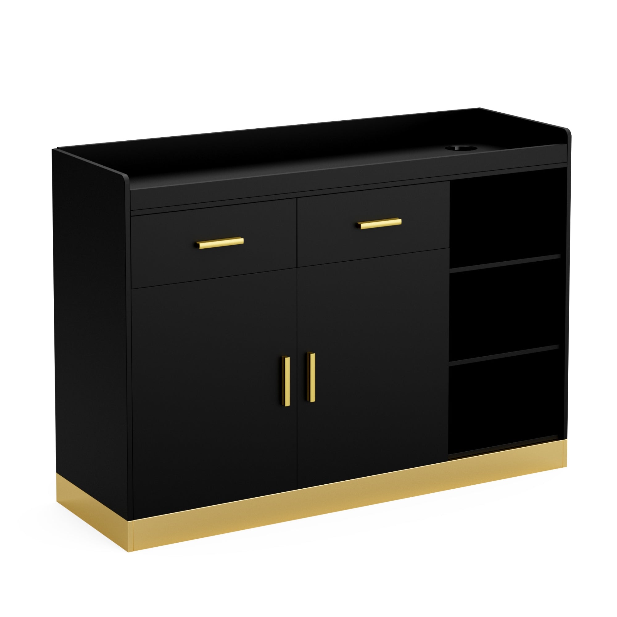 Black cabinet with gold accents on a white background