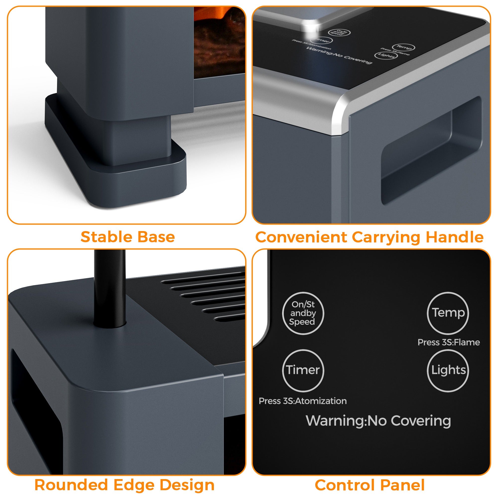 Product features including stable base, convenient carrying handle, rounded edge design, and control panel.