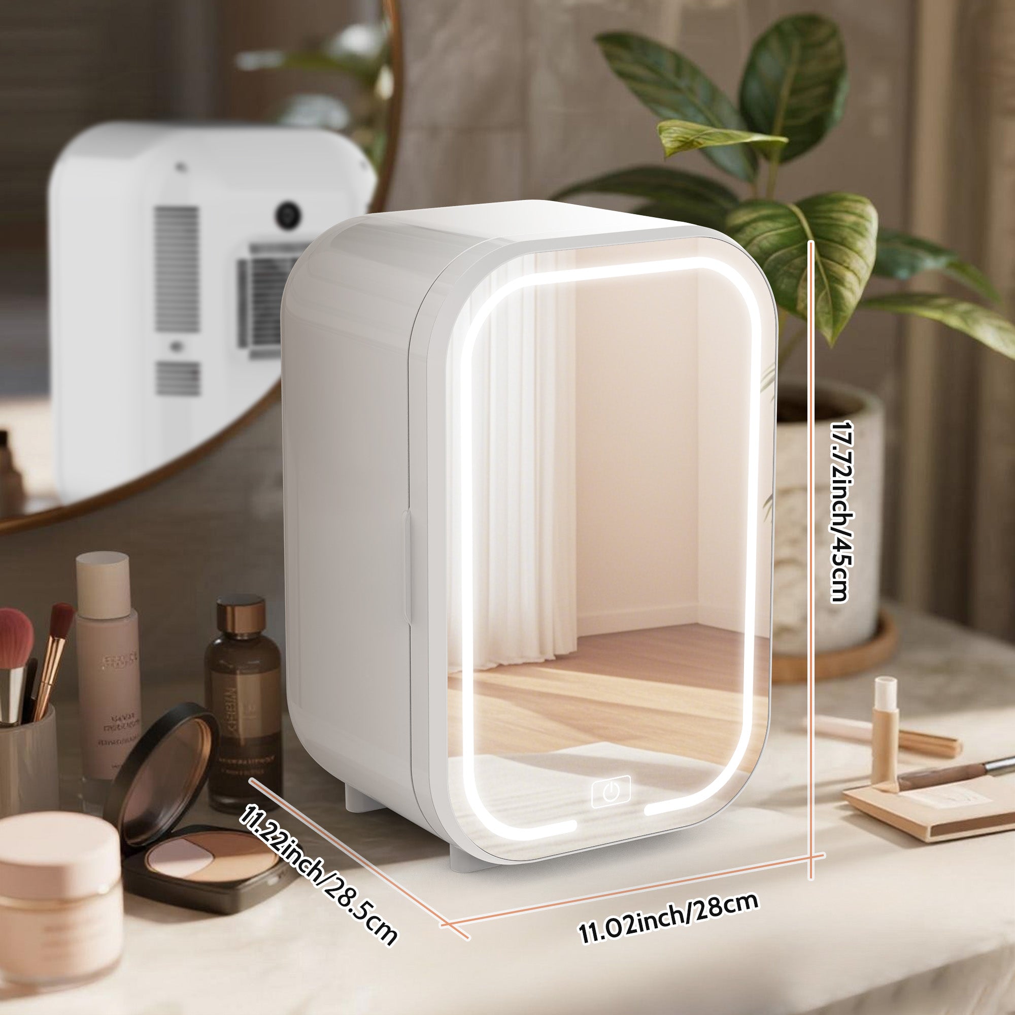 White mini refrigerator on a desk with measurements indicated