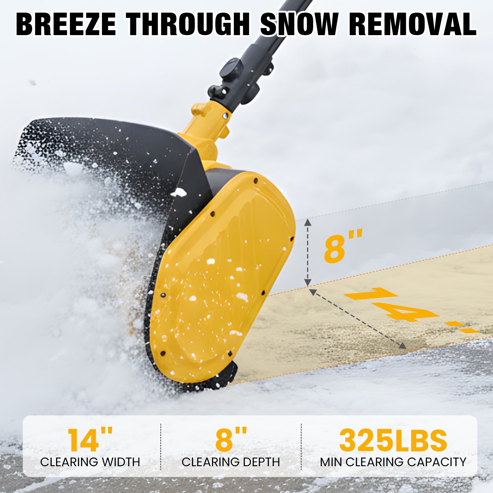 Snow removal tool clearing snow with specifications displayed