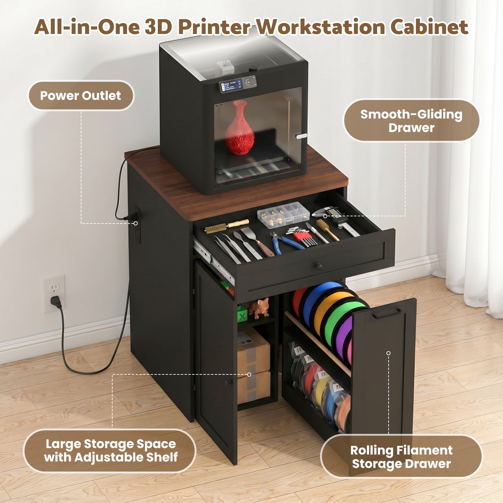 Advwin 3D Printer Cabinet w/ Built-in Power Outlet