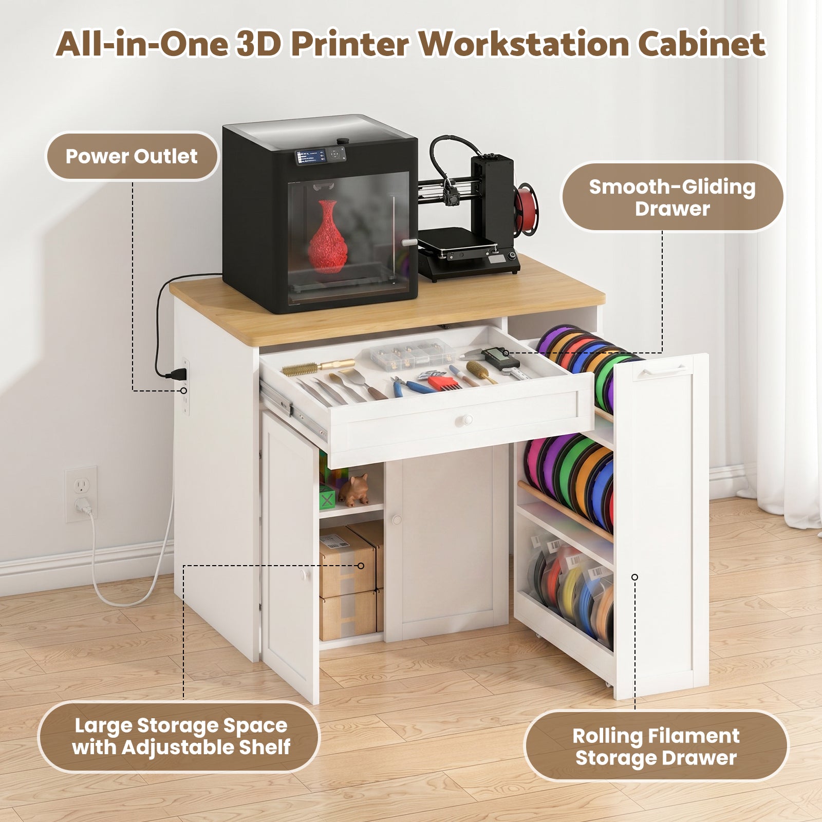 Advwin 3D Printer Cabinet w/ Rolling Filament Storage Drawer