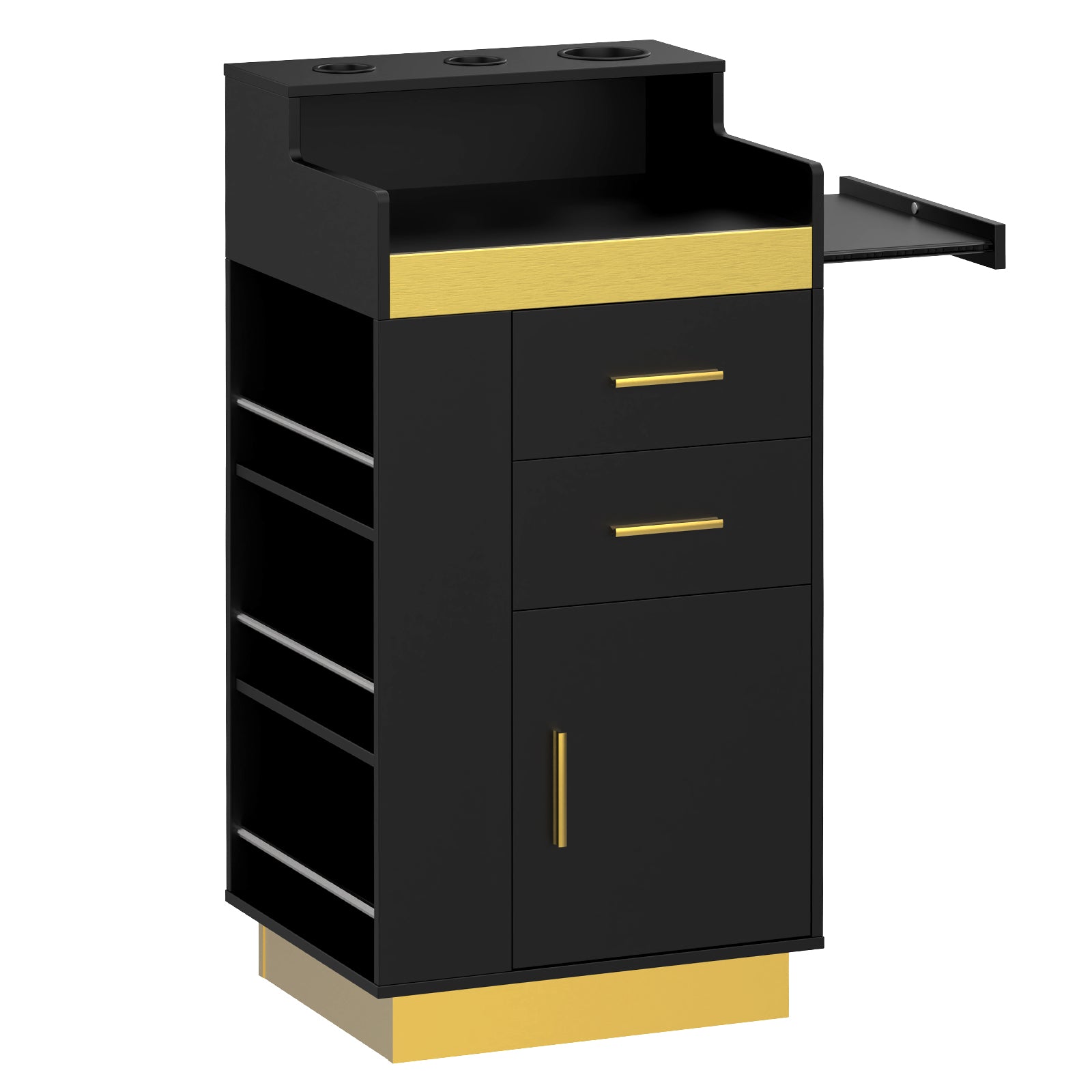 Black and gold cabinet with drawers and shelves on a white background